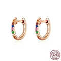 Rose gold S925 sterling silver hoop earrings set with vibrant multi-colored gemstones - Rose Gold/Rainbow Zirconia