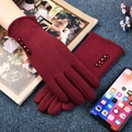 Women's burgundy knit gloves with four buttons, thermal touch screen design - Button Decoration Style / Red
