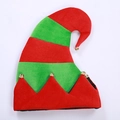 Festive red and green striped Christmas elf hat with golden bells on white background - Red Green Patchwork Style