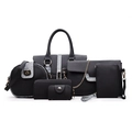 Black pebbled leather 6-piece handbag set with snakeskin texture accents and gold hardware - Black