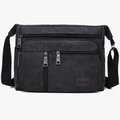 Men's dark gray canvas crossbody shoulder bag with multiple zippered storage pockets - Black