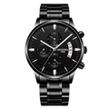 Montre chronographe homme noire multifonctionnelle avec bracelet acier et boucle papillon - Bracelet en Acier Tout Noir Index Argent Cadran Noir
