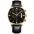 Montre multifonction dorée pour homme avec bracelet en cuir noir et cadran chronographe - Bracelet en Cuir Noir Boîtier Doré Cadran Noir