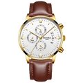 Montre chronographe homme dorée avec cadran blanc et bracelet en cuir marron - Bracelet en Cuir Marron Boîtier Doré Cadran Blanc
