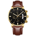 Montre chronographe pour homme avec boîtier doré, cadran noir et bracelet en cuir - Bracelet en Cuir Marron Boîtier Doré Cadran Noir