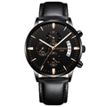 Montre chronographe pour homme avec bracelet cuir noir et index en or rose - Bracelet en Cuir Noir Boîtier Noir Index Or Rose Cadran Noir
