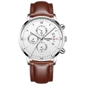 Montre homme argentée avec cadran blanc, trois sous-cadrans et bracelet en cuir marron - Bracelet en Cuir Marron Boîtier Argenté Cadran Blanc