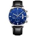 Chronographe pour homme avec cadran bleu soleil et bracelet en cuir noir - Bracelet en Cuir Noir Boîtier Argenté Cadran Bleu
