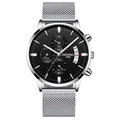 Montre homme bracelet maille argenté avec cadran chronographe noir et calendrier - Bracelet en Maille Argenté Boîtier Argenté Cadran Noir