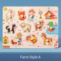 Farm animal themed wooden peg puzzle with 11 pieces and easy-grip yellow handles - Farm Style A