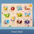 Educational wooden insect puzzle board for kids with 11 colorful bug figures and knobs - Insect