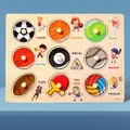 Wooden sports ball puzzle with peg handles featuring basketball, soccer and more - Ball Sports