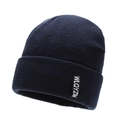 Navy blue ribbed knit beanie for men with fleece lining and woven brand label - One Size / Navy Blue