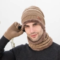 Winter knitted beanie hat, neck warmer, and touchscreen gloves set with warm fleece lining - Adult Set / Khaki