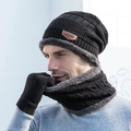 Three-piece winter set with black knitted beanie, fleece scarf, and warm gloves - Adult Set / Black