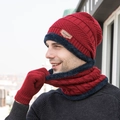 Winter knit set for men including red ear protection hat, scarf and gloves with fleece lining - Adult Set / Burgundy