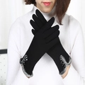 Women's black thermal winter gloves with gray faux fur trim and decorative buttons - Black Fur Cuff With Three Buttons