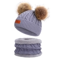 Winter kids knit beanie hat and neck warmer set with cute pom poms warm thick fleece lined - Set / Double Pom Poms / Gray
