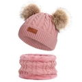 Winter kids cute double pom pom knit beanie hat and fleece neck warmer set pink main view - Set / Double Pom Poms / Deep Pink