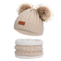 Kids Winter Warm Knitted Hat and Scarf Set with Cute Double Pom Pom Beige Fleece - Set / Double Pom Poms / Khaki