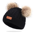 Black knit beanie with brown faux fur double pom-poms and leather logo patch - Double Pom-Pom Black Hat