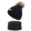 Winter knit set with pompom beanie and fleece neck warmer in dark blue finish - Single Pom-Pom 2-Piece Set Black