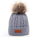 Grey knit winter beanie for kids with large brown pompom and cable stitch patterns - Single Pom-Pom Grey Hat