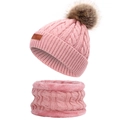 Pink knit winter hat and neck warmer set with faux fur pom pom for kids - Single Pom-Pom 2-Piece Set Dark Pink