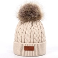 Winter knit hat in cream beige featuring a large brown pom-pom and cable-knit texture - Single Pom-Pom Khaki Hat