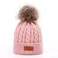 Pink cable knit beanie for children with a fluffy faux fur pompom and leather label - Single Pom-Pom Dark Pink Hat