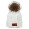 Winter cable knit white beanie featuring a fluffy dark brown faux fur pom pom and leather logo - Single Pom-Pom White Hat