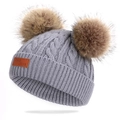 Grey winter knit hat for kids with two brown faux fur pom-poms and leather patch - Double Pom-Pom Grey Hat