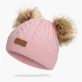 Pink winter knit beanie for kids featuring two brown faux fur pom-poms and cable stitch - Double Pom-Pom Light Pink Hat