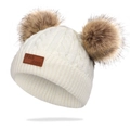 White winter knit hat for kids with two large brown pom-poms and a leather patch detail - Double Pom-Pom White Hat