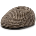 Winter flat cap for men featuring a classic tan checkered pattern with thick wool fabric - One Size / Brown