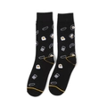 Detail of black mid-calf socks featuring breakfast patterns like eggs and croissants - Breakfast