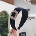 Elegant black velvet wide headband featuring a luxury square rhinestone buckle accent - Black