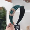 Elegant dark green velvet pleated headband with a sparkling rhinestone rectangular buckle - Green