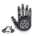 Cartoon rock hand gesture enamel pin in black and silver featuring 'YES' and star design - Black YES Star Hand