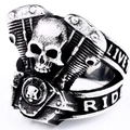 Punk style Ghost Rider skull engine ring for men with Live to Ride relief engraving - Adjustable Open / Silver