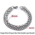 Detail of 8mm dragon bone and 4mm box chain layered stainless steel bracelet - Double Layer 4mm+8mm