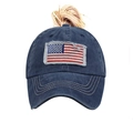Distressed dark blue washed cotton baseball cap featuring American flag embroidery - Adjustable / Washed Navy Blue Ponytail Distressed with US Flag