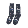 Detail view of cotton mid-calf socks with white swan and pink water lily jacquard pattern - A080-Grey Swan Lake