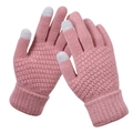 Detailed view of pink knitted gloves with touch screen fingertips and diamond pattern - Pink