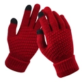 Winter red knitted touchscreen gloves for women featuring warm thick fleece lining and ribbed cuffs - Wine Red