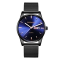 Men's business quartz watch with blue sunray dial, black mesh strap and double calendar - Black Strap Rose Gold Markers Blue Dial