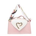 Pink and white contrast PU leather handbag with heart-shaped gold buckle and silk scarf - Pink