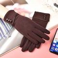 Women's warm winter thermal gloves in dark brown with button detail and touchscreen feature - Brown Cuff With Three Buttons