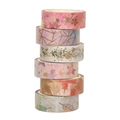 Set di 6 nastri washi decorativi con fiori rosa, stelle dorate e motivi di foglie autunnali - Stile Floreale Stampa in Oro (6 Rotoli)