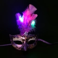 Purple glowing LED mask with colorful feathers and gold trim for Halloween party - Purple/Glowing